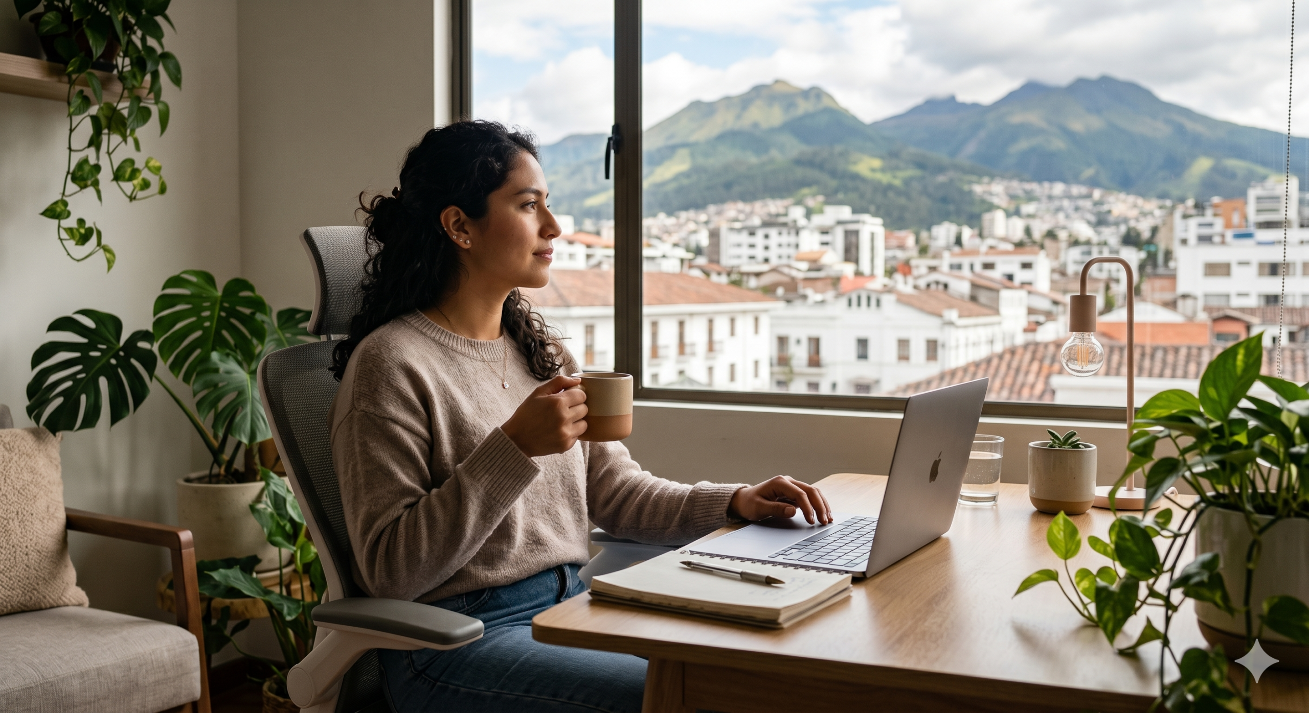 Mujer con estrés laboral buscando psicólogos en Quito desde su computadora
