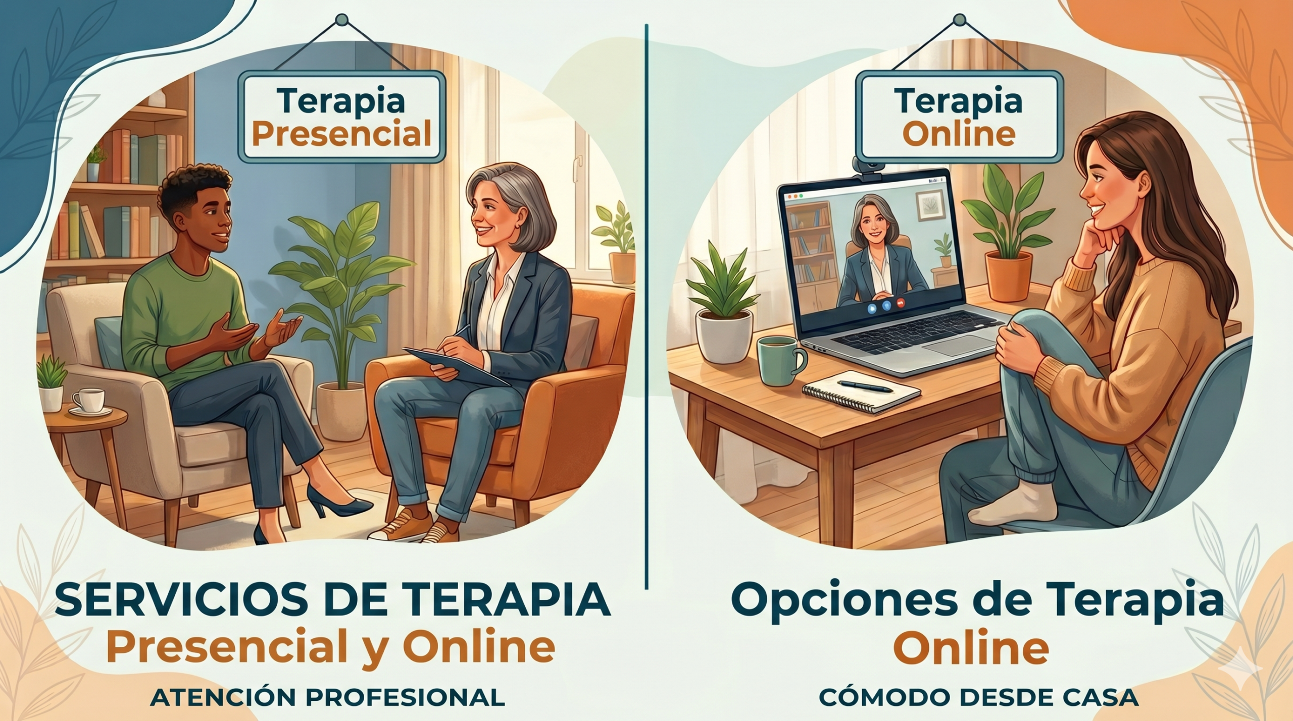 Persona recibiendo terapia psicológica online y presencial